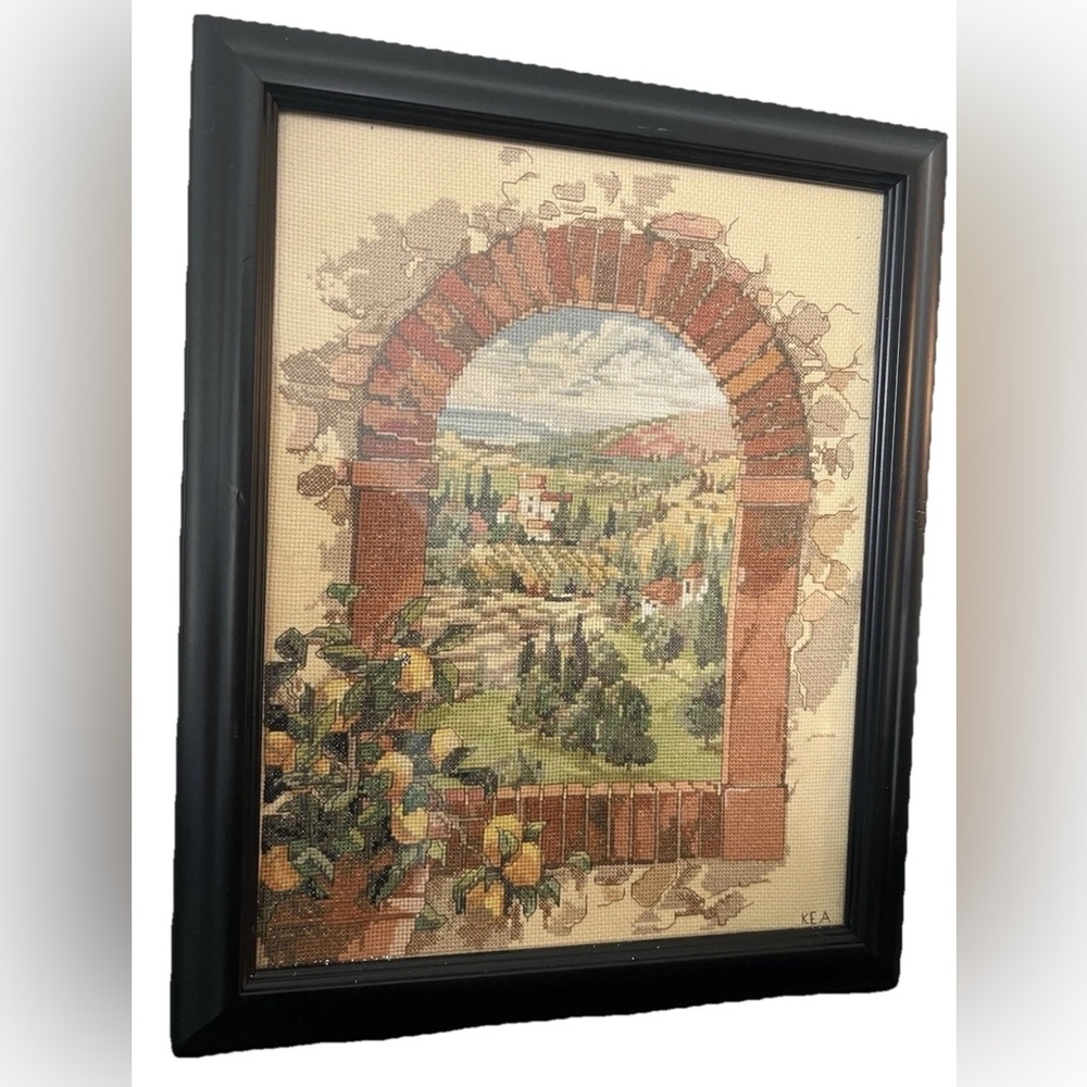 Vtg Tuscany Italy scene Framed Cross Stitch Embroidery Landscape Lemons Cottage